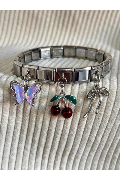bijoux uniques Steel Butterfly & Cherry & Ribbon Italian Charm Bracelet