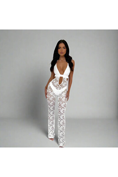 my cherie Λευκή φόρμα με δαντέλα και ελαστική μέση