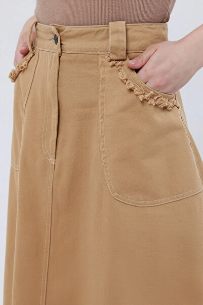 Atölye Güven Beige Tasseled 100% Cotton Special Design Long Bell Skirt