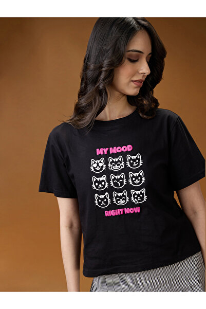 Globus By Styli Black Graphic Print Cotton Oversized T-Shirt