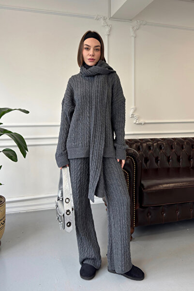 MAGARDE Costum șal împletit cu păr crewneck - ANTRACIT