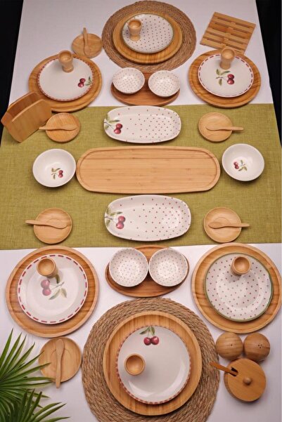 Atbyhome Viva 6 Kişilik 48 Parça Doğal Bambu Porselen Kahvaltı Takımı – Kahva...