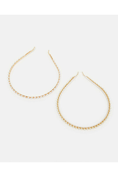 REDTAG مجموعة ربطات شعر للبنات مزينة باللؤلؤ الذهبي (عبوة من قطعتين)