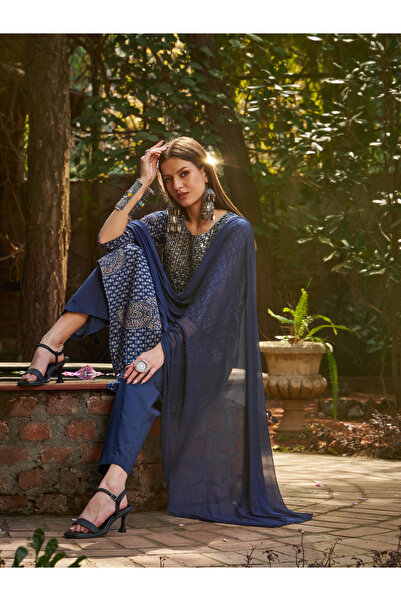 Sassafras By Styli Navy Blue Floral Kurta with Pencil Pants and Dupatta Set