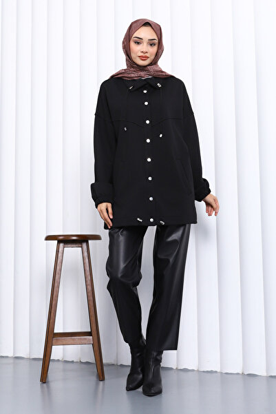 İmajButik Μαύρο μπουφάν με λεπτομέρεια κουμπώματος και τσέπες