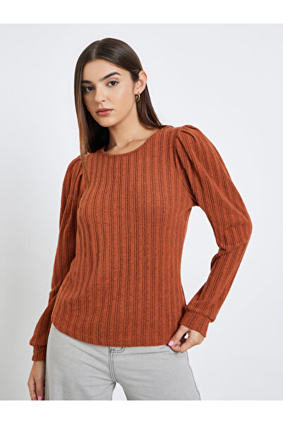 Take Two By Styli Women Rust Ribbed Top with Puff Sleeves