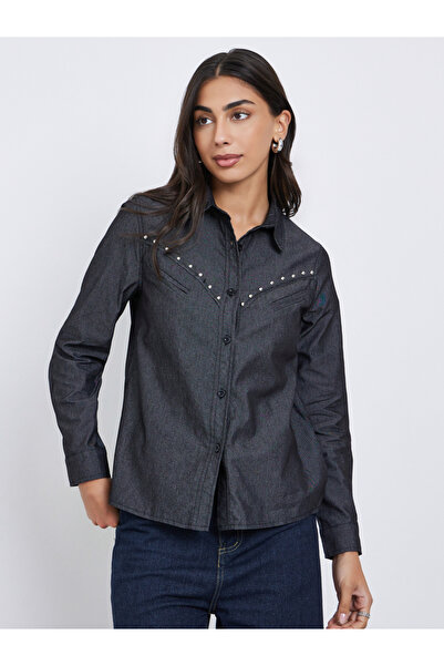 Styli Black Studded Detail Long Sleeve Denim Shirt