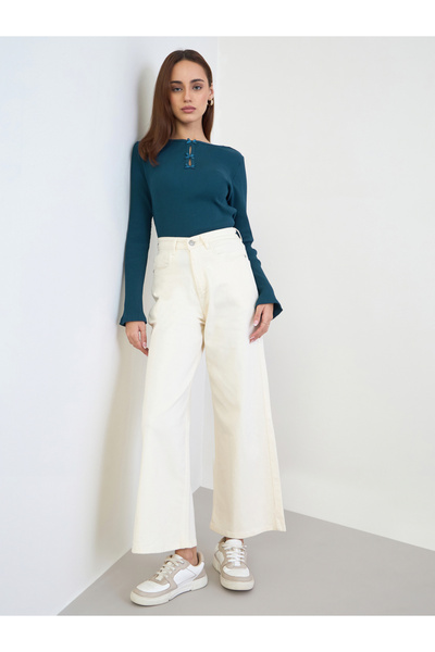 Styli Teal Slim Fit Bow Detail Knit Top