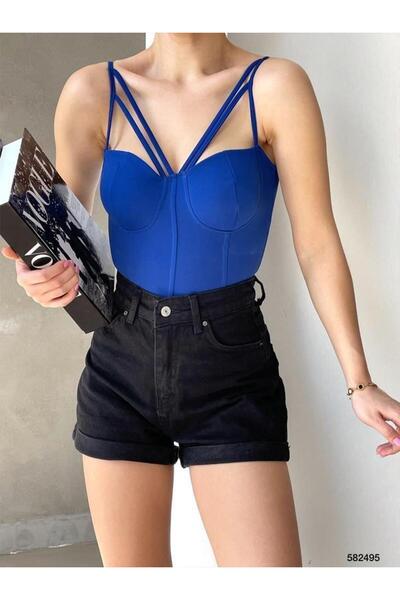 Modafeminen Crepe Fabric Thin Strap Crop 582495 Cobalt Blue
