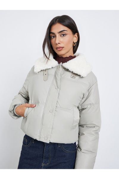 Styli Grey Crop Padded Jacket with Fur Trim