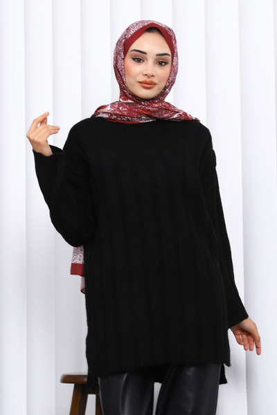 İmajButik Black Yan Slit Corded Fabric Knitwear Sweater