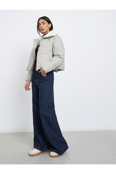 Styli Grey Crop Padded Jacket with Fur Trim