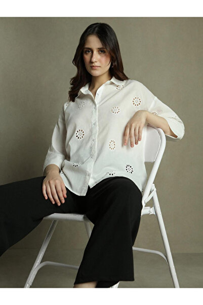 Dennis Lingo By Styli White Relaxed Fit Schiffli Casual Shirt