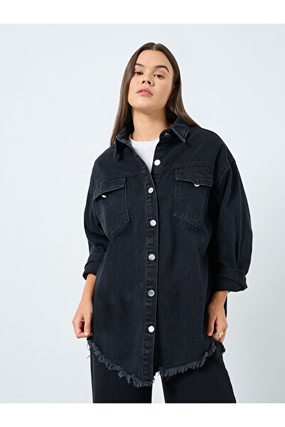 Styli Women Black Plain Oversized Denim Shirt with Pockets