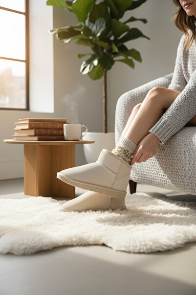 VeliKundura Tofima Cream Poly Sole Short Boots with Feathers Inside