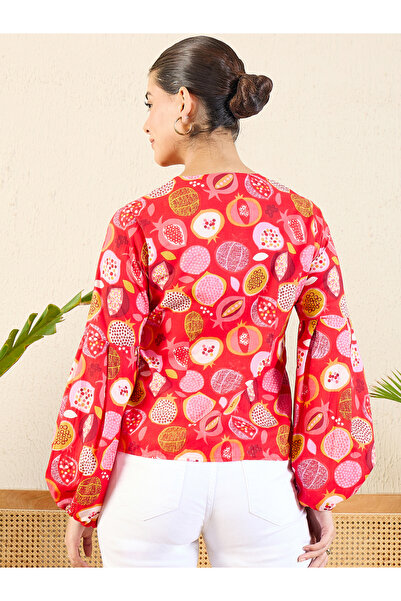 Uptownie By Styli Red Fruit Print Cotton Shirt with Balloon Sleeves