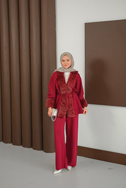 LOCCO Women's Plush Detail Knitwear Set Burgundy