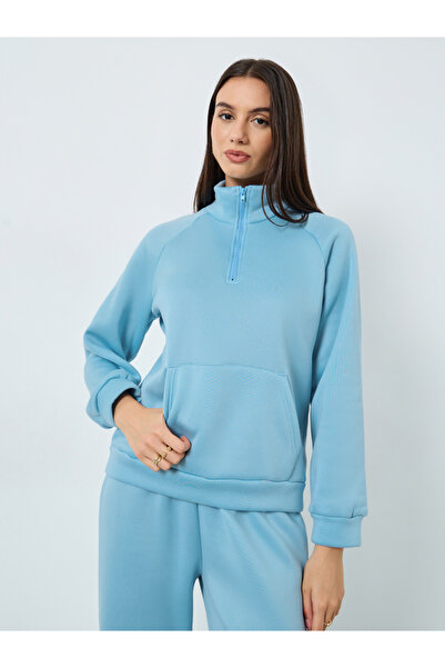 Styli Blue Solid Zip Collar Sweatshirt and Joggers Set