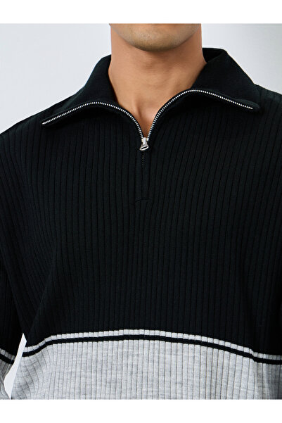Styli Men Black Ribbed Half-Zip Sweater