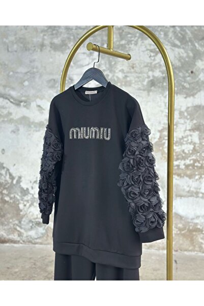 Hatun Atila Design Organza Fabric Sleeve Detailed Crystal Stone Crafted Suit - Black 7902