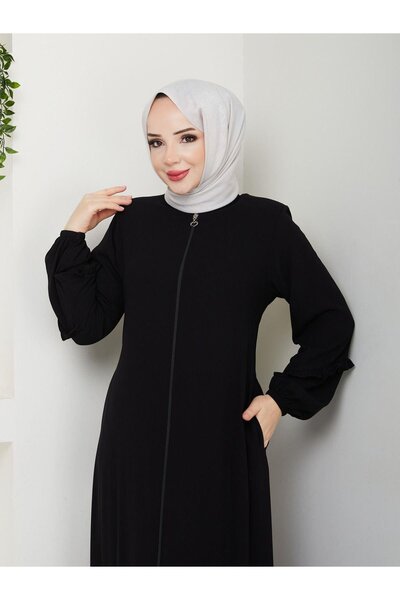ESLEMNUR Gündelik Hac Ve Umrelik Köşeli Büzgü Detaylı Ferace -siyah