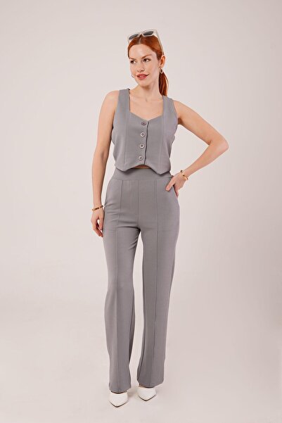 Modaiconu Thick Strap Buttoned Vest and Trousers Gray Set