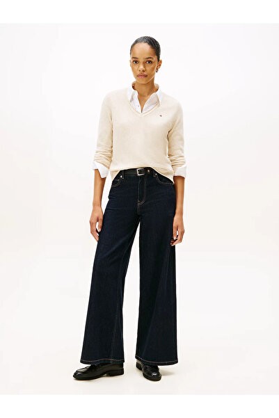 Tommy Hilfiger Women's Regular Fit Pure Wool V-Neck Long Sleeve Beige Sweater Ww0Ww43505-Adk