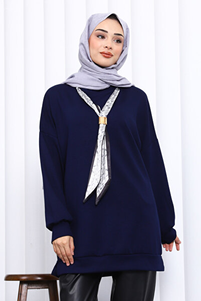 İmajButik Navy Blue Modal Tunic with Scarf Accessories