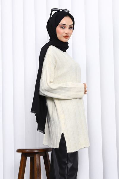 İmajButik Krem Yan Slit Corded Fabric Knitwear Sweater