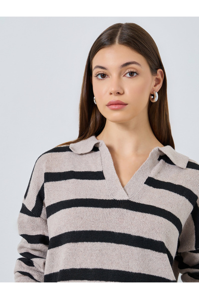 Styli Beige Striped Knit Polo T-Shirt