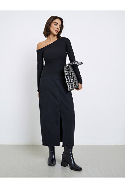 Styli Black Asymmetric Neck Knit Top