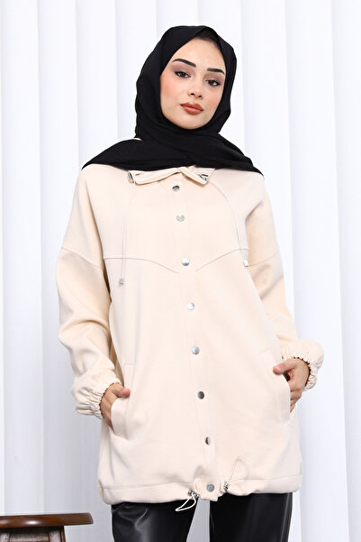 İmajButik Μπουφάν με λεπτομέρεια κρεμ κουμπωτό με τσέπες