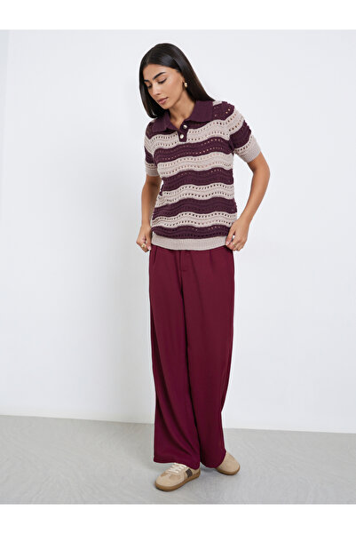 Styli Burgundy Striped Hollow Knit Polo T-Shirt