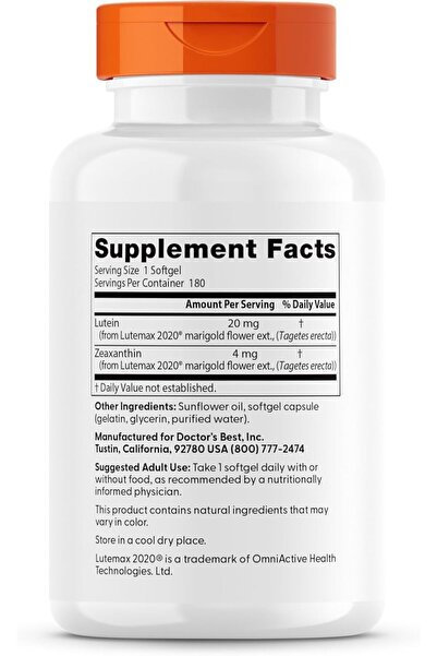 Doctor's Best Lutein Featuring Lutemax, Non-GMO, Gluten Free, Eye Health, 20 mg, 180 Softgels
