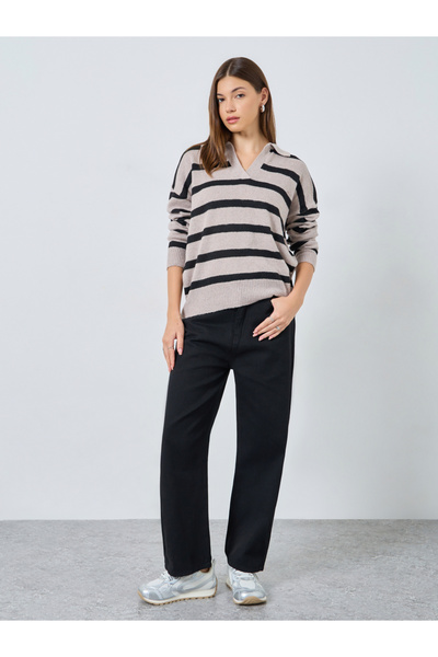 Styli Beige Striped Knit Polo T-Shirt