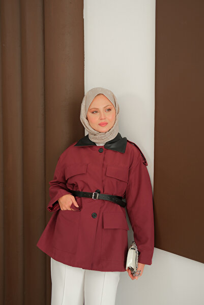 LOCCO Women's Short Jacket with Leather Belt at the Collar Burgundy