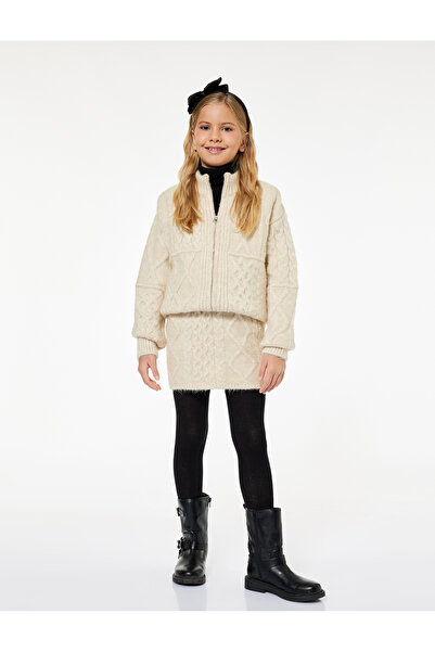 Koton Hair Braid Textured Long Sleeve Zippered Knitwear Cardigan