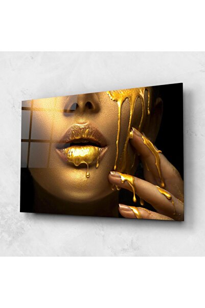 Arthub Tablou Sticla,Dormitor si Living, Black And Gold, Golden Lips