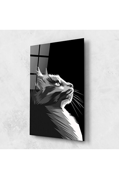 Arthub Glass Painting, Bedroom and Living Room, Black and White, Grey Cat On Black