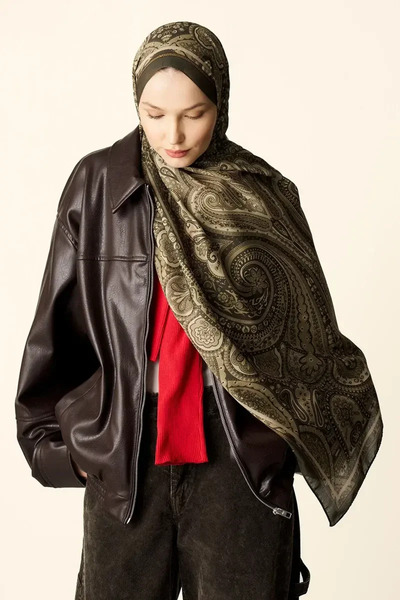 Madame Polo Clara Desenli Pamuk Dokulu Şal - Yağ Yeşili