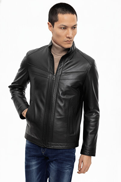 Deriderim Alvin Black Judge Collar Zippered Lined Short Men's Genuine Leather Coat