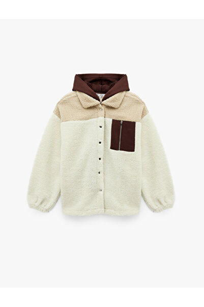 Koton Hooded Color Block Pocket Detailed Snap Buttoned Oversized Plush Jacket