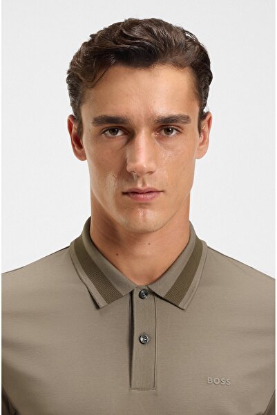 BOSS Men's Polo Neck Button Closure Color Detail on Collar and Sleeves Light Brown Polo Neck T-Shirt 50543865-245