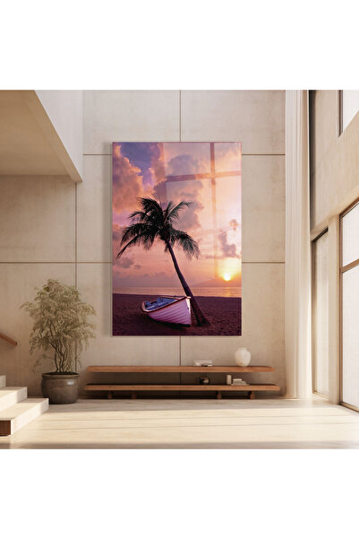 Arthub Glass Painting, Bedroom and Living Room, Beaches, Boat Purple Sunset