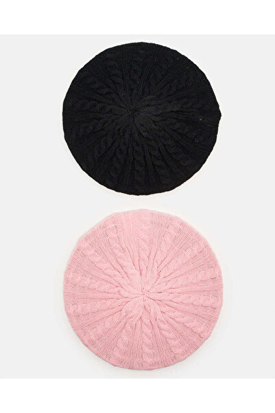 REDTAG طقم قبعة بيريه محبوكة باللونين الأسود والوردي للنساء (قطعتين)