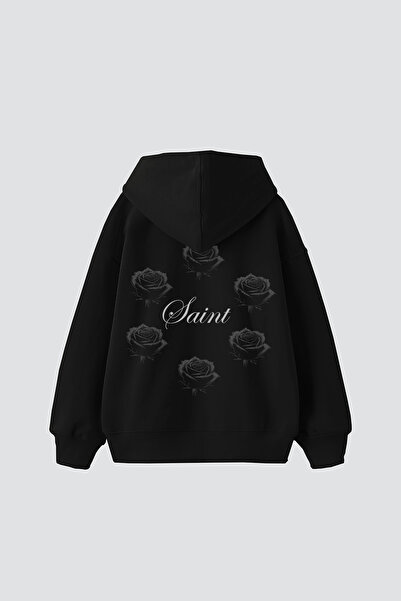 Sekizbiraltı Saint Printed Oversized Unisex Black Hoodie