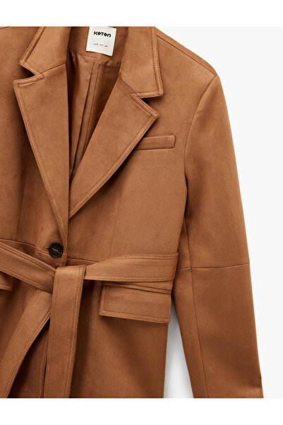 Koton Long Sleeve Buttoned Pocket Belted Suede Look Jacket