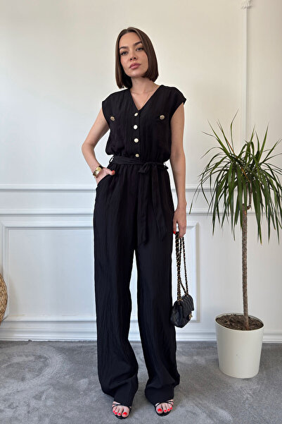 MAGARDE Salopetă cu mâneci scurte, model Safari, cu aspect încrețit - NEGRU