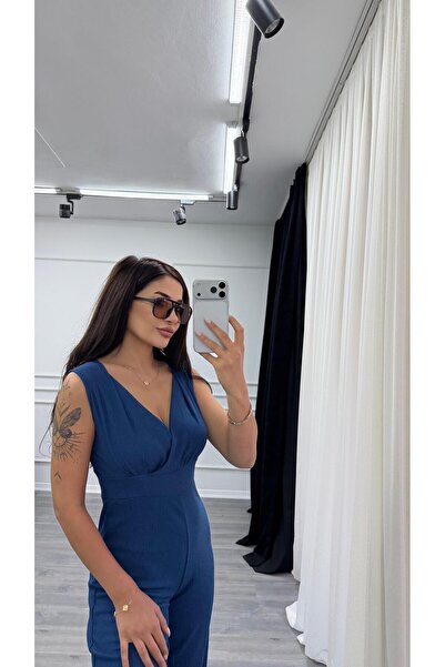 Daves Blue Sleeveless Double-Breasted Neckline Flared Stretchy Jumpsuit