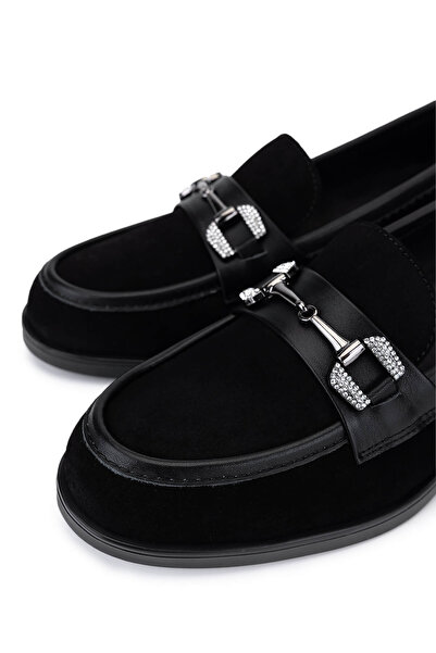 Tamer Tanca Women's Genuine Leather Black Suede Loafer Shoes